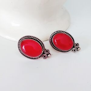 Taxco Red Oval Earrings with Silver Accents